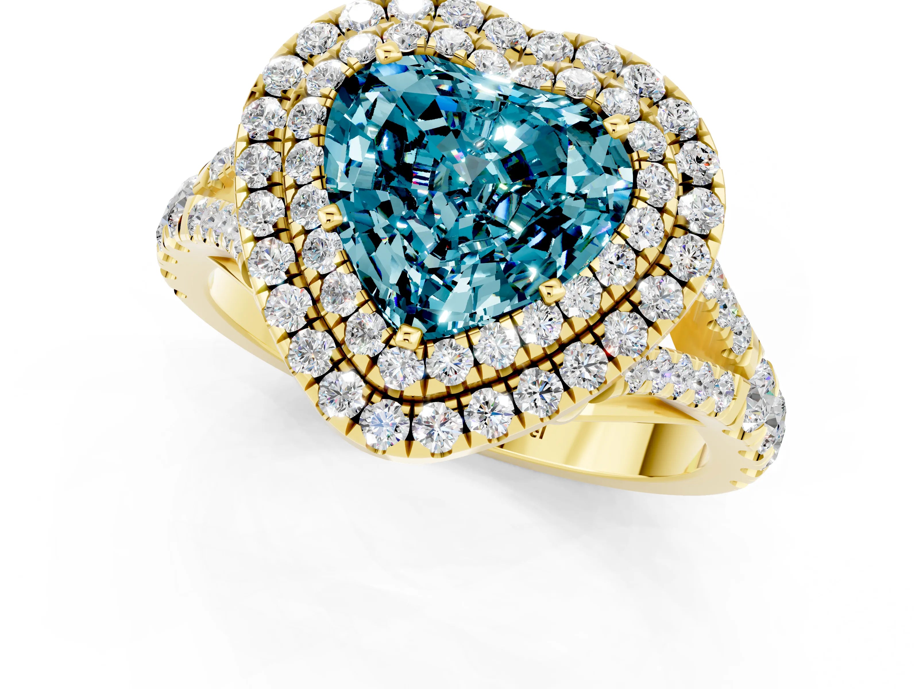 Yellow gold Double Halo Heart Cut Blue Topaz Split Shank Engagement Ring with Four-Prong Setting_1