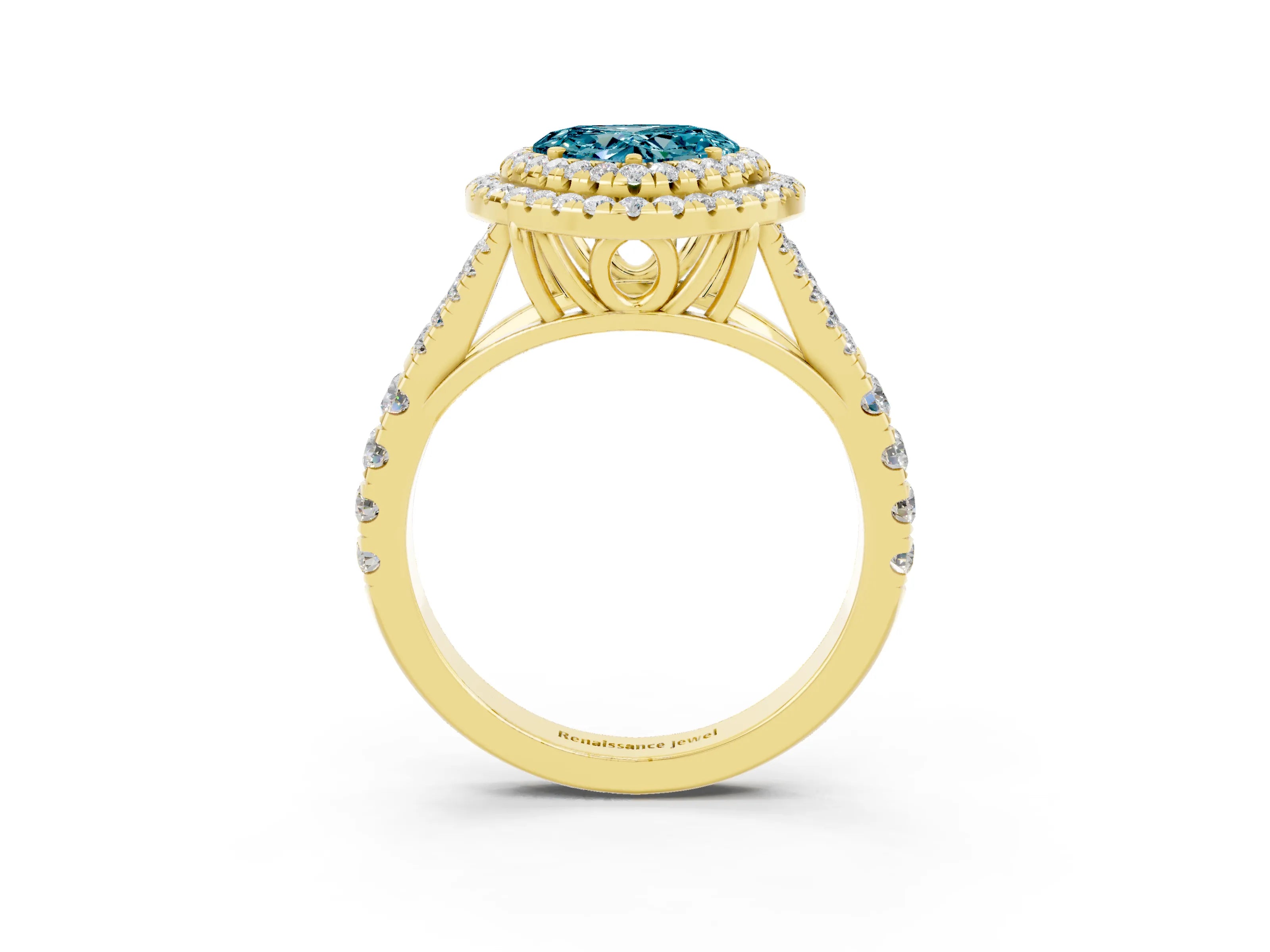 Yellow gold Double Halo Heart Cut Blue Topaz Split Shank Engagement Ring with Four-Prong Setting_3