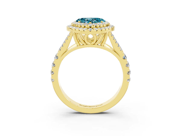 Yellow gold Double Halo Heart Cut Blue Topaz Split Shank Engagement Ring with Four-Prong Setting