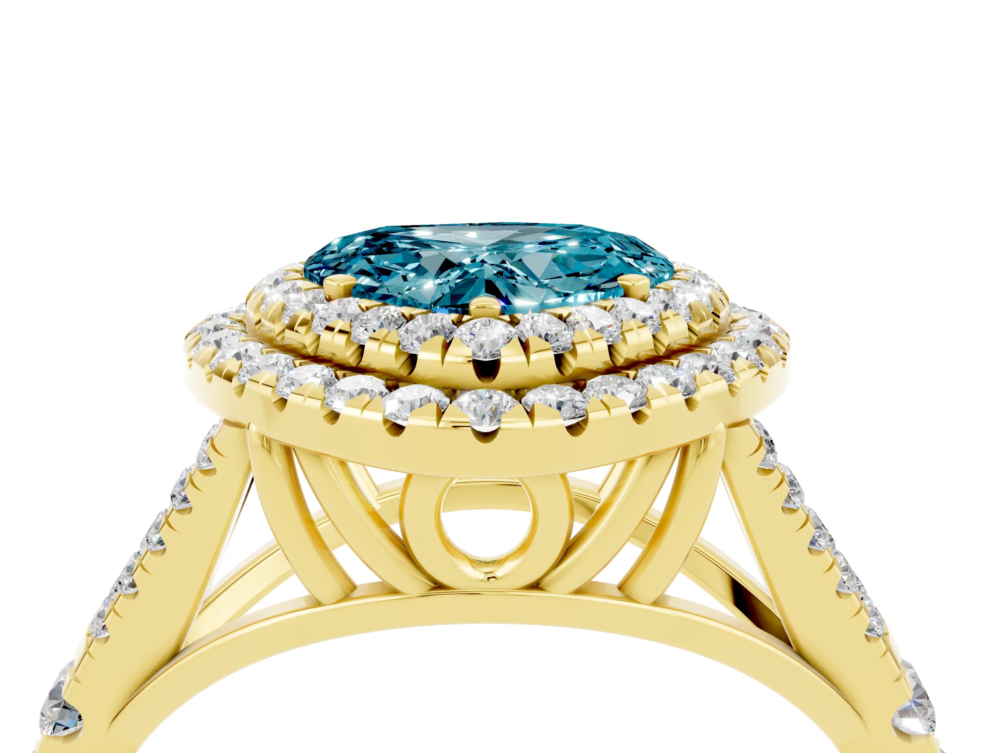 Yellow gold Double Halo Heart Cut Blue Topaz Split Shank Engagement Ring with Four-Prong Setting_4