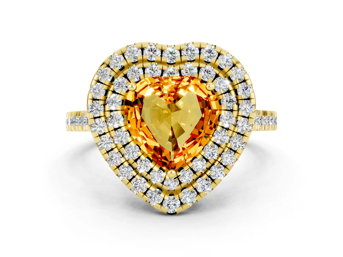 Yellow gold Double Halo Heart Cut Citrine Pavé Band with Four-Prong Setting