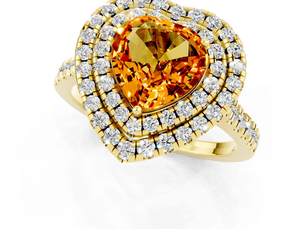 Yellow gold Double Halo Heart Cut Citrine Pavé Band with Four-Prong Setting