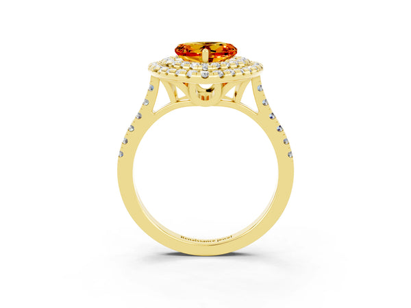 Yellow gold Double Halo Heart Cut Citrine Pavé Band with Four-Prong Setting
