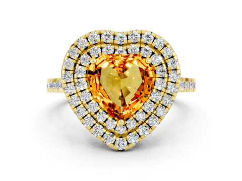 Yellow gold Double Halo Heart Cut Citrine Pavé Band with Four-Prong Setting