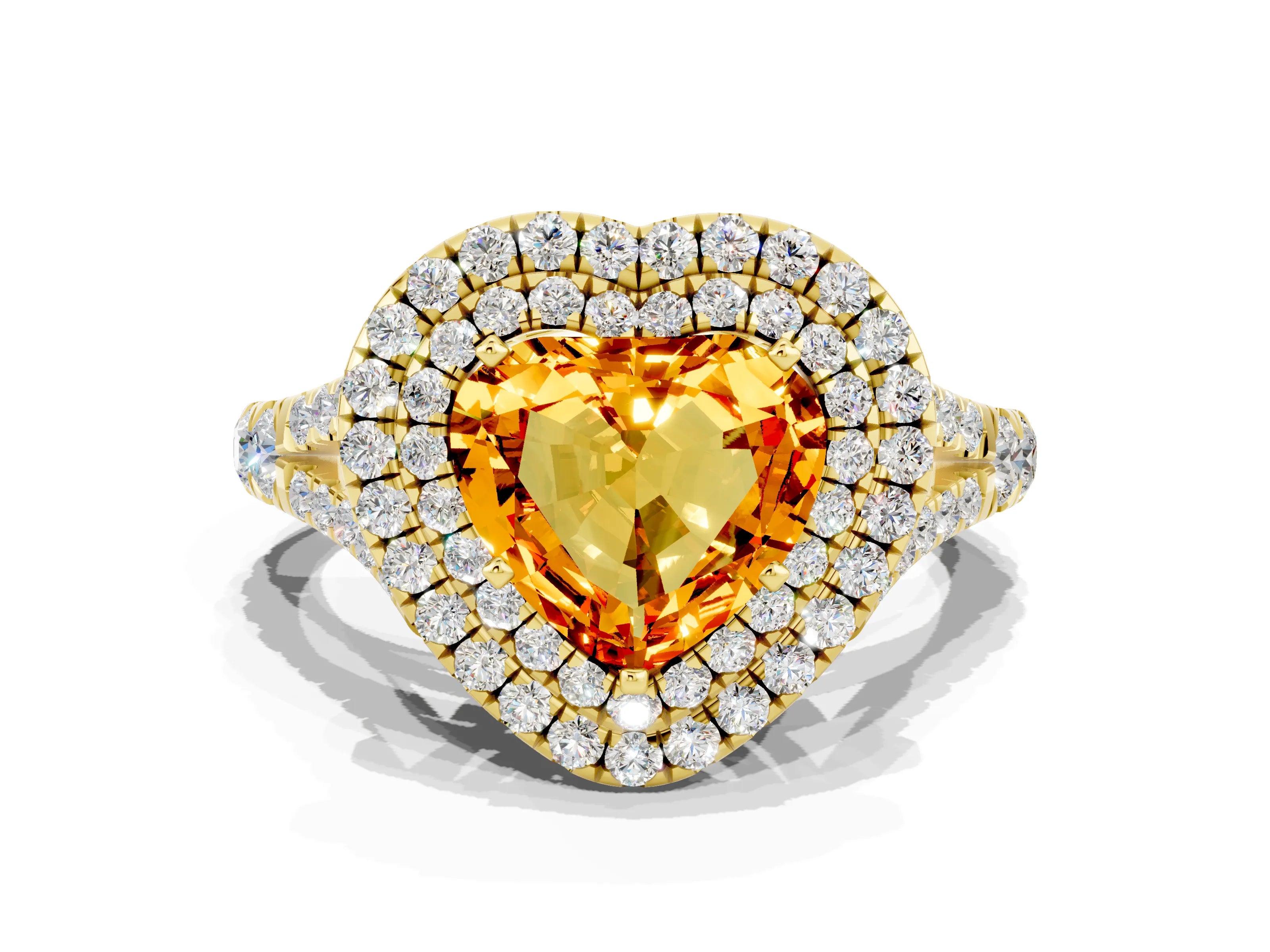 Yellow gold Double Halo Heart Cut Citrine Pavé Split Shank Ring with Prong Setting