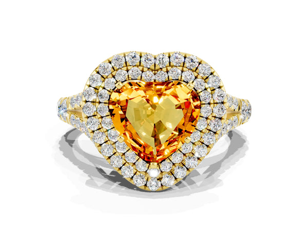 Yellow gold Double Halo Heart Cut Citrine Pavé Split Shank Ring with Prong Setting