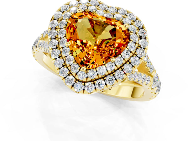 Yellow gold Double Halo Heart Cut Citrine Pavé Split Shank Ring with Prong Setting