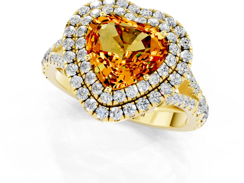 Yellow gold Double Halo Heart Cut Citrine Pavé Split Shank Ring with Prong Setting_1