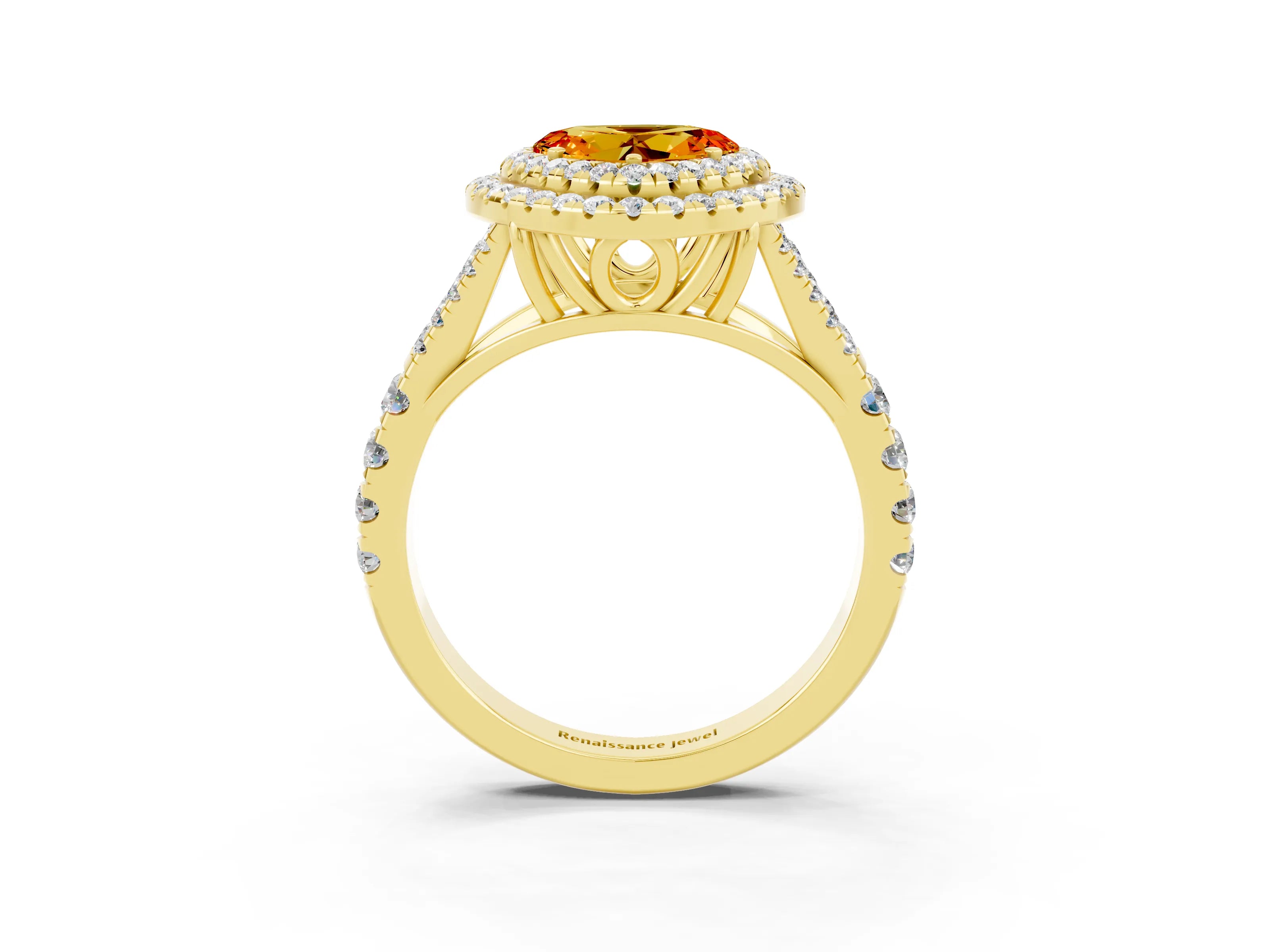 Yellow gold Double Halo Heart Cut Citrine Pavé Split Shank Ring with Prong Setting_3