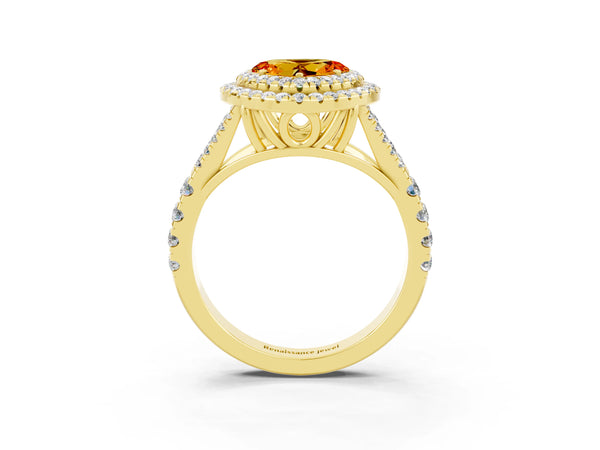 Yellow gold Double Halo Heart Cut Citrine Pavé Split Shank Ring with Prong Setting