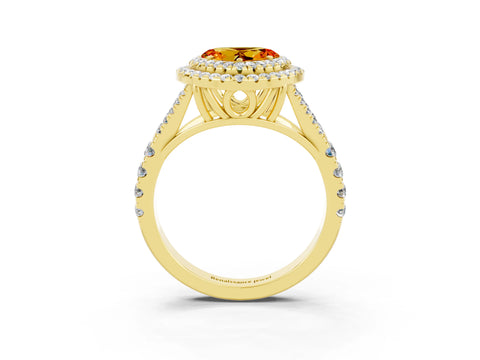 Yellow gold Double Halo Heart Cut Citrine Pavé Split Shank Ring with Prong Setting_3