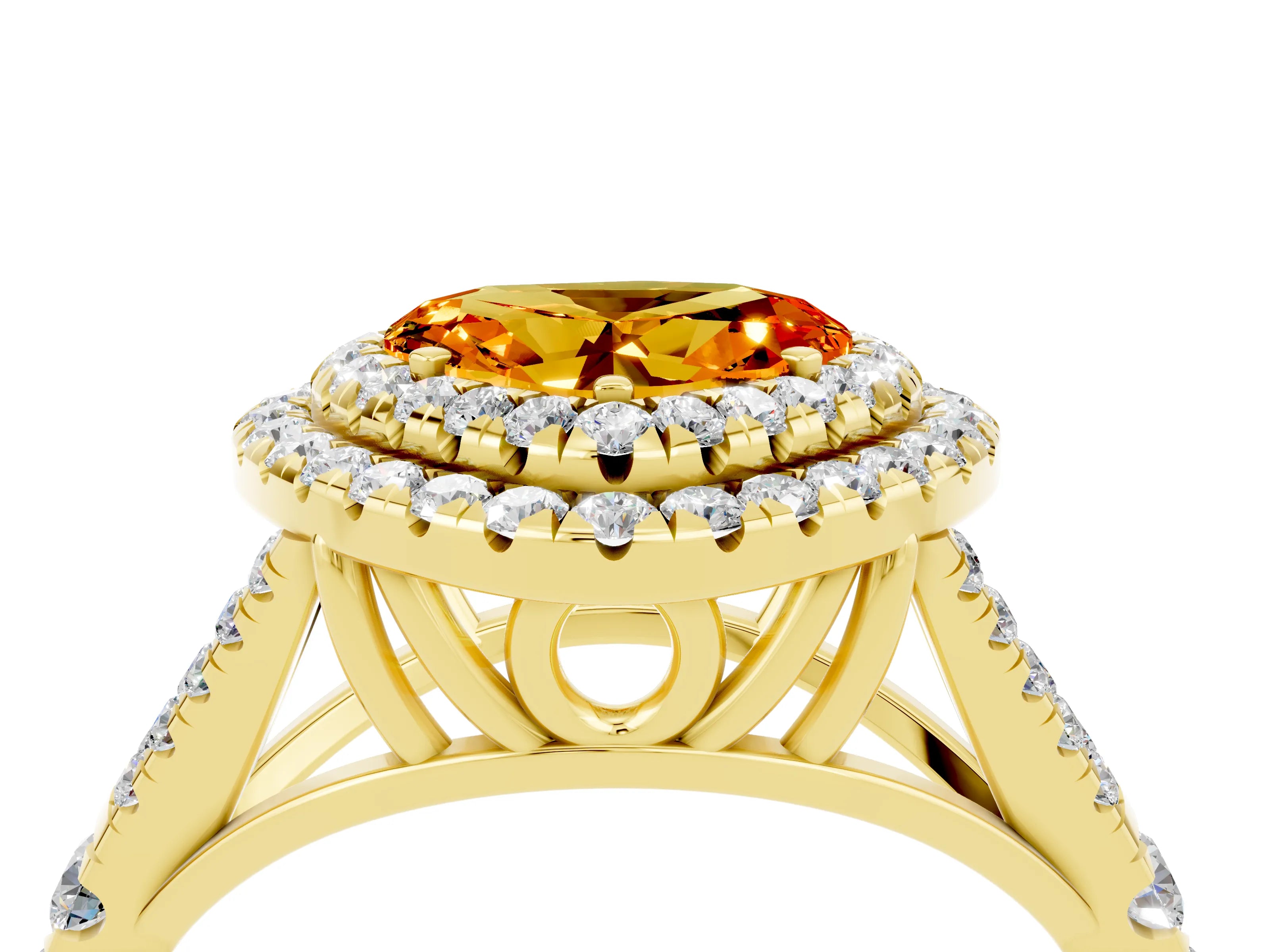 Yellow gold Double Halo Heart Cut Citrine Pavé Split Shank Ring with Prong Setting_4