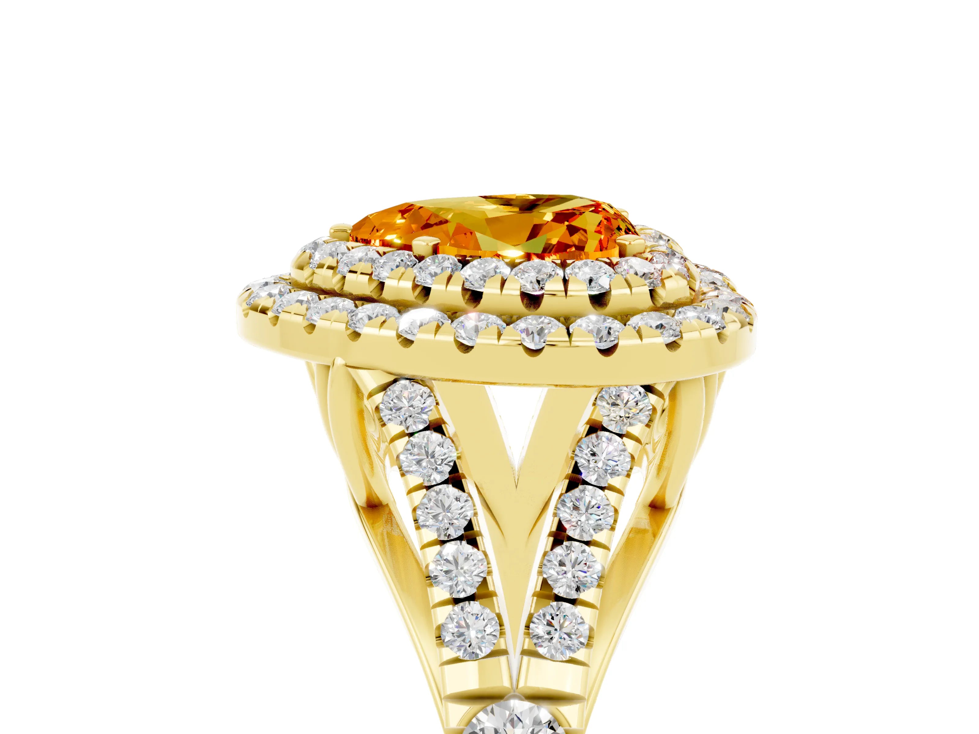 Yellow gold Double Halo Heart Cut Citrine Pavé Split Shank Ring with Prong Setting_5