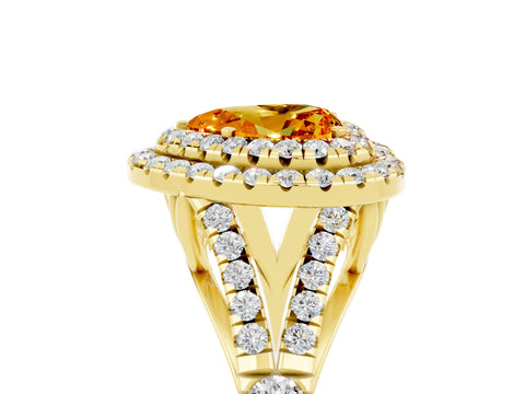 Yellow gold Double Halo Heart Cut Citrine Pavé Split Shank Ring with Prong Setting_5