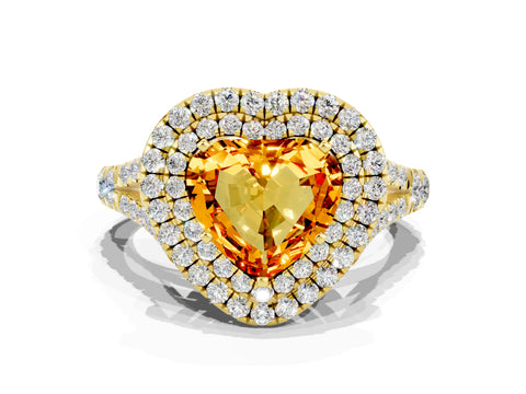 Yellow gold Double Halo Heart Cut Citrine Pavé Split Shank Ring with Prong Setting