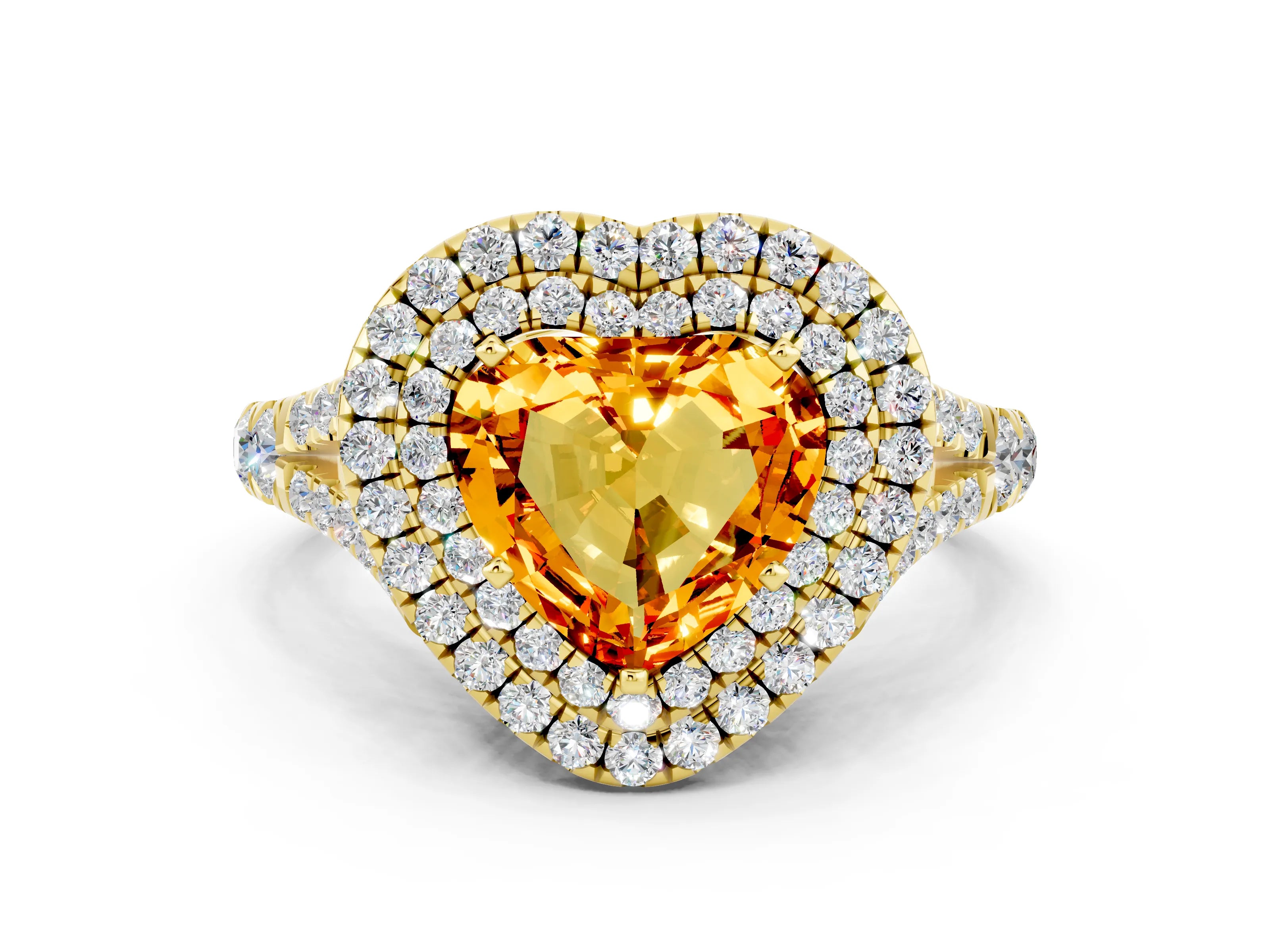 Yellow gold Double Halo Heart Cut Citrine Split Shank Engagement Ring with Four-Prong Setting