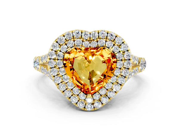 Yellow gold Double Halo Heart Cut Citrine Split Shank Engagement Ring with Four-Prong Setting