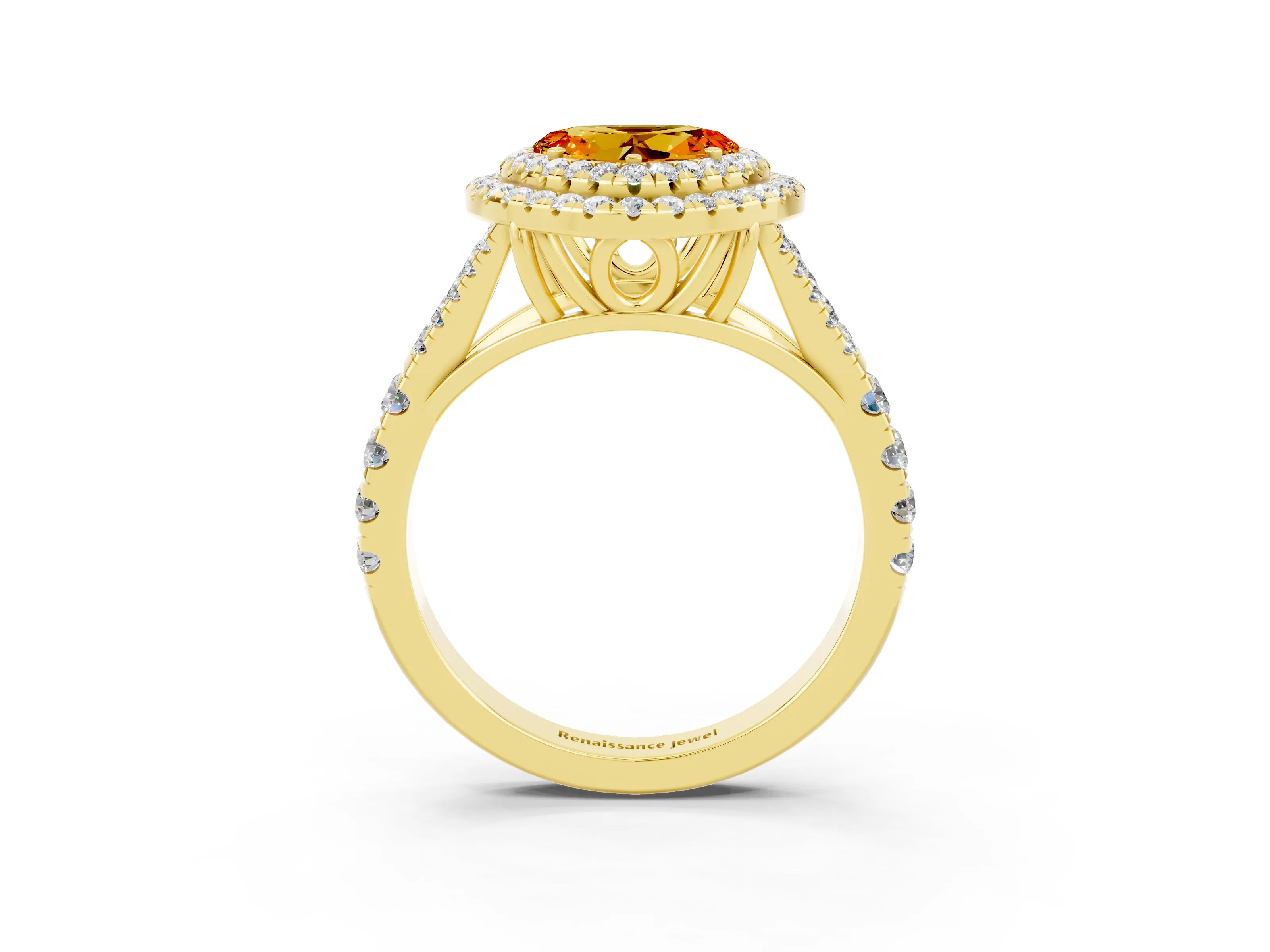 Yellow gold Double Halo Heart Cut Citrine Split Shank Engagement Ring with Four-Prong Setting_3