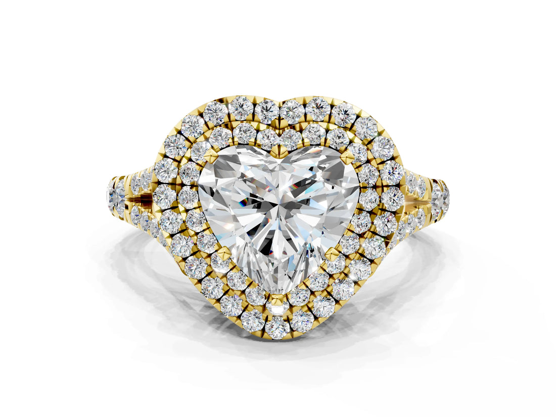 Yellow gold Double Halo Heart Cut Diamond Split Shank Engagement Ring with Four-Prong Setting_7