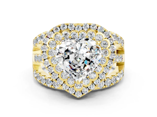 Yellow gold Heart Cut Moissanite Double Halo Ring with Round Pavé Split Shank and Prong Setting