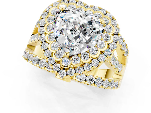Yellow gold Heart Cut Moissanite Double Halo Ring with Round Pavé Split Shank and Prong Setting