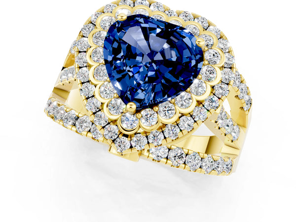 Yellow gold Double Halo Heart Cut Diamond Split Shank Pave Set Ring