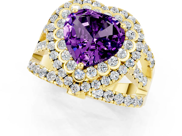 Yellow gold Heart Cut Amethyst Double Halo Ring with Round Pavé Split Shank and Prong Setting