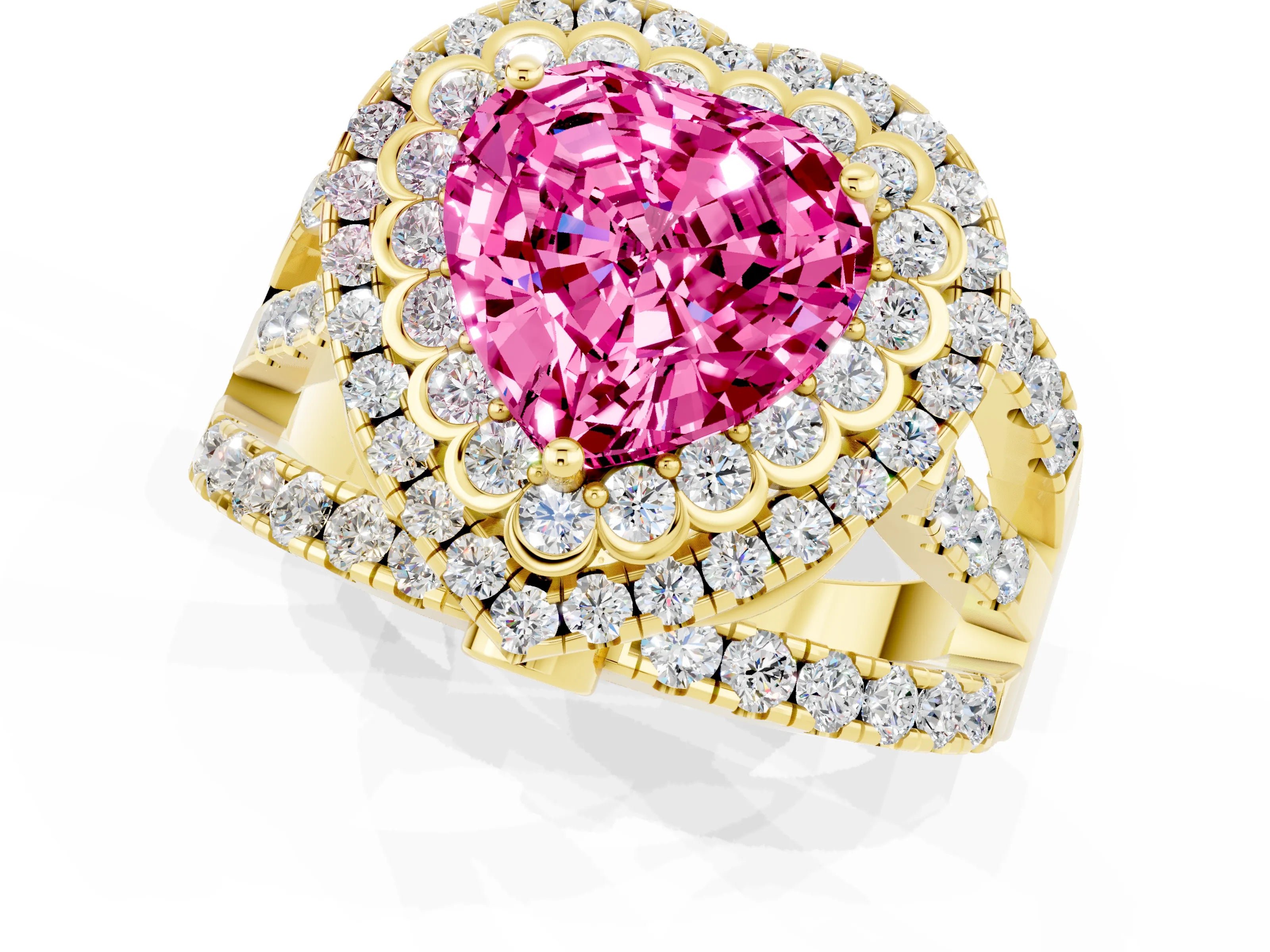 Yellow gold Double Halo Heart Cut Diamond Split Shank Pave Set Ring_1