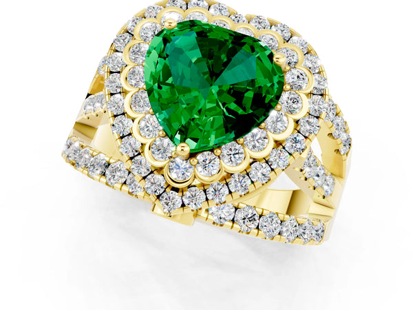 Yellow gold Heart Cut Emerald Double Halo Ring with Round Pavé Split Shank and Prong Setting