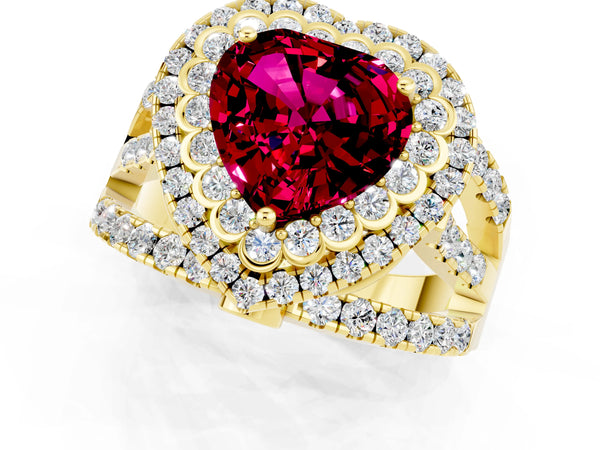 Yellow gold Heart Cut Garnet Double Halo Ring with Round Pavé Split Shank and Prong Setting