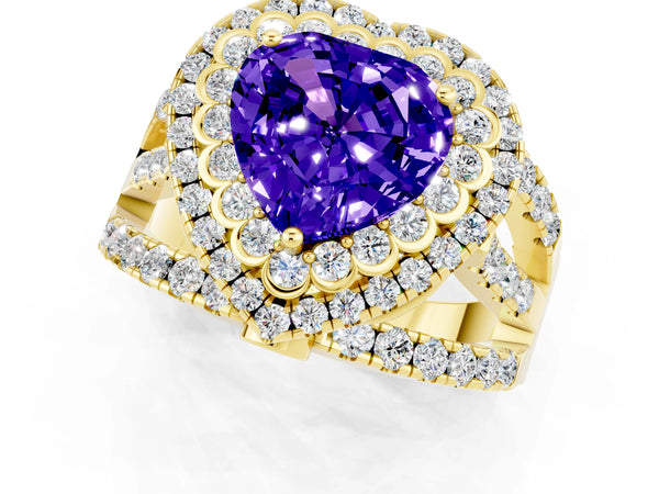 Yellow gold Heart Cut Tanzanite Double Halo Ring with Round Pavé Split Shank and Prong Setting