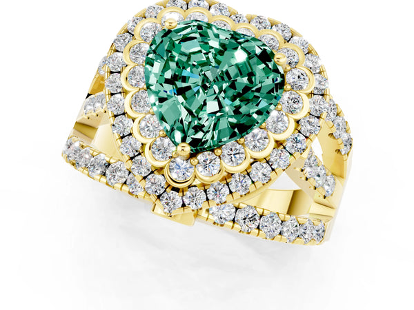Yellow gold Heart Cut Green Sapphire Double Halo Ring with Round Pavé Split Shank and Prong Setting