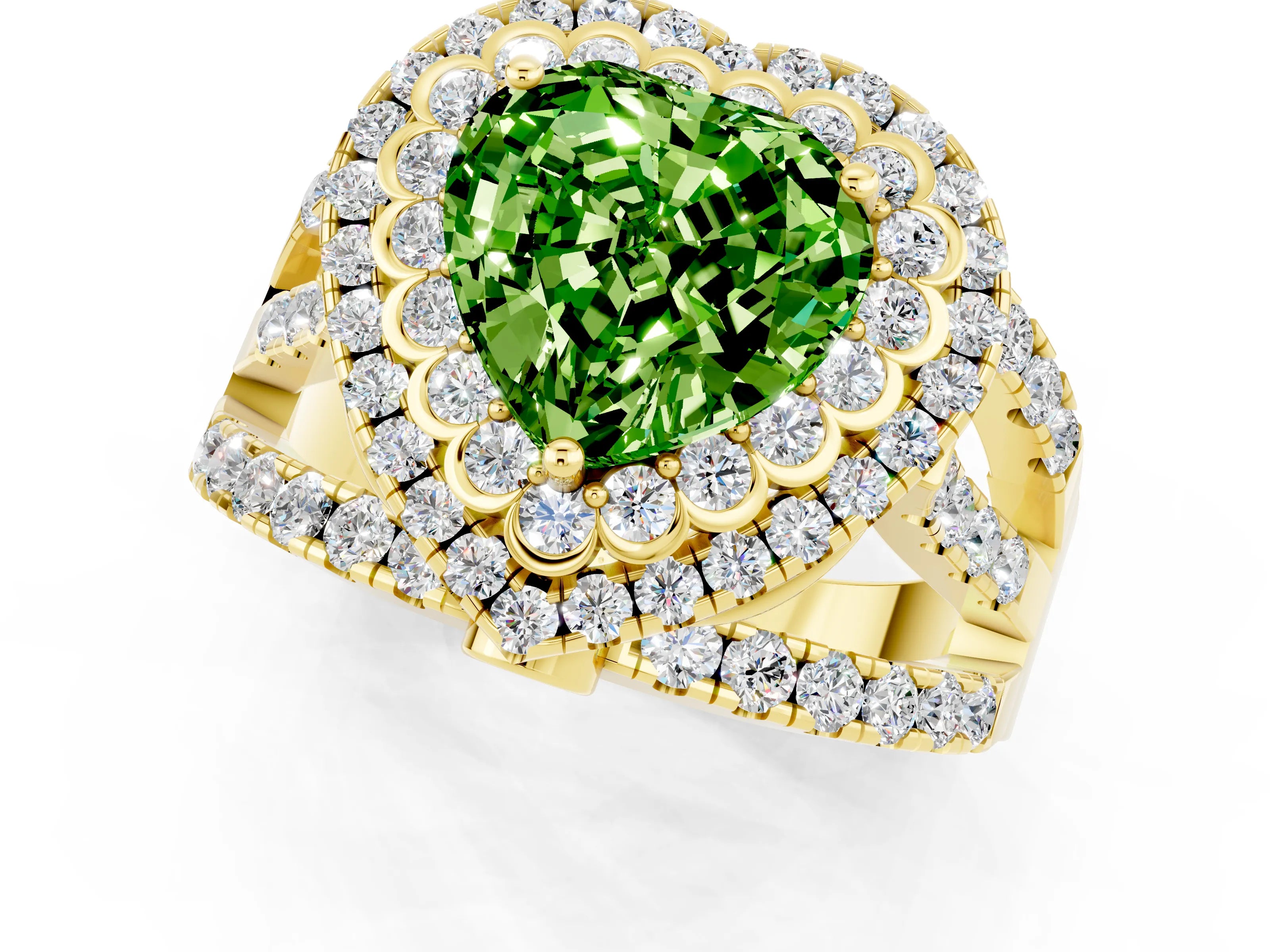 Yellow gold Double Halo Heart Cut Diamond Split Shank Pave Set Ring_1