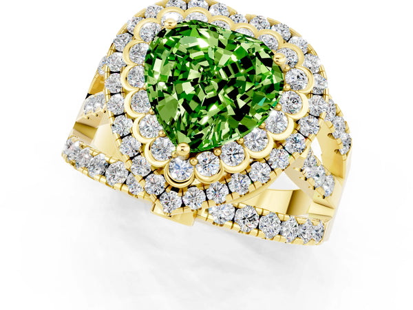 Yellow gold Double Halo Heart Cut Diamond Split Shank Pave Set Ring
