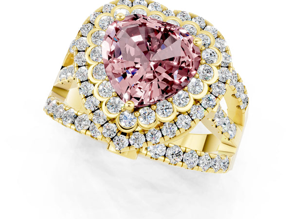 Yellow gold Double Halo Heart Cut Diamond Split Shank Pave Set Ring