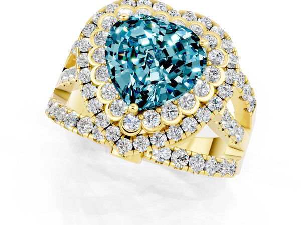 Yellow gold Double Halo Heart Cut Diamond Split Shank Pave Set Ring