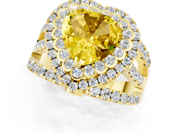 Yellow gold Heart Cut Yellow Sapphire Double Halo Ring with Round Pavé Split Shank and Prong Setting