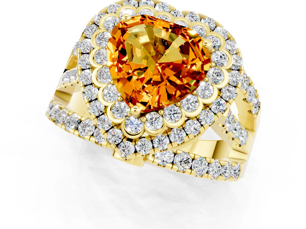 Yellow gold Heart Cut Citrine Double Halo Ring with Round Pavé Split Shank and Prong Setting