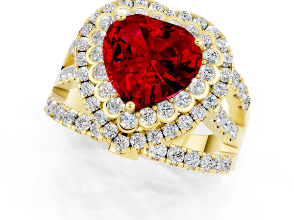 Yellow gold Double Halo Heart Cut Diamond Split Shank Pave Set Ring