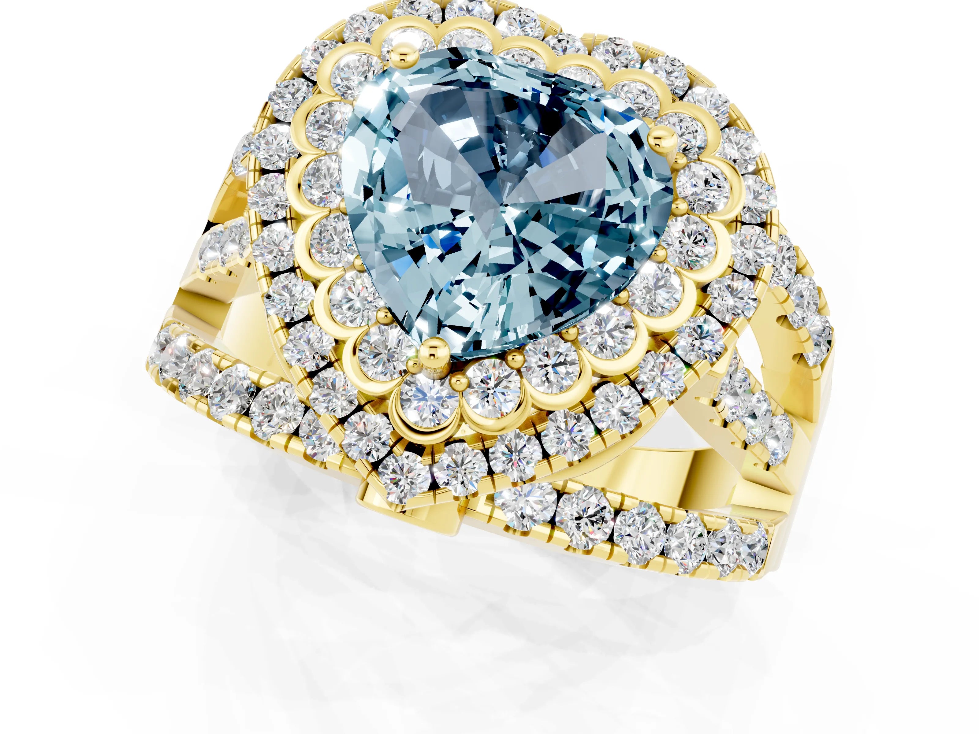 Yellow gold Double Halo Heart Cut Diamond Split Shank Pave Set Ring_1