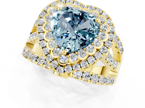 Yellow gold Double Halo Heart Cut Diamond Split Shank Pave Set Ring_1