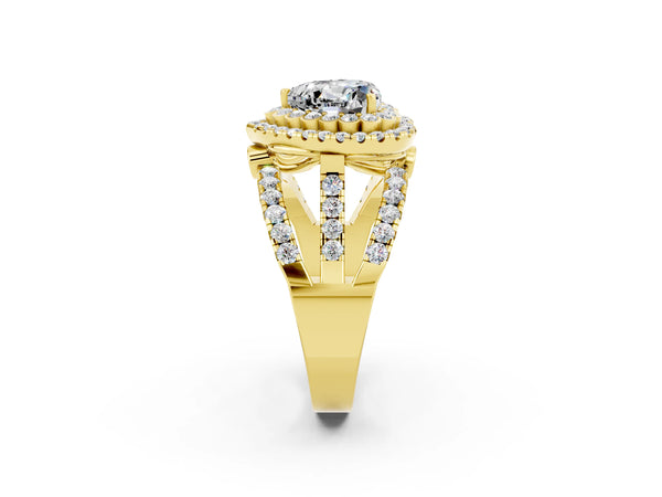 Yellow gold Heart Cut Moissanite Double Halo Ring with Round Pavé Split Shank and Prong Setting