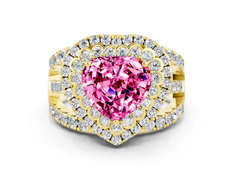 Yellow gold Double Halo Heart Cut Diamond Split Shank Pave Set Ring