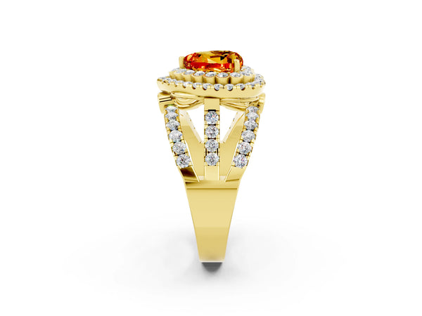 Yellow gold Heart Cut Citrine Double Halo Ring with Round Pavé Split Shank and Prong Setting