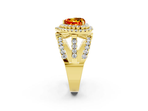 Yellow gold Double Halo Heart Cut Diamond Split Shank Pave Set Ring_2