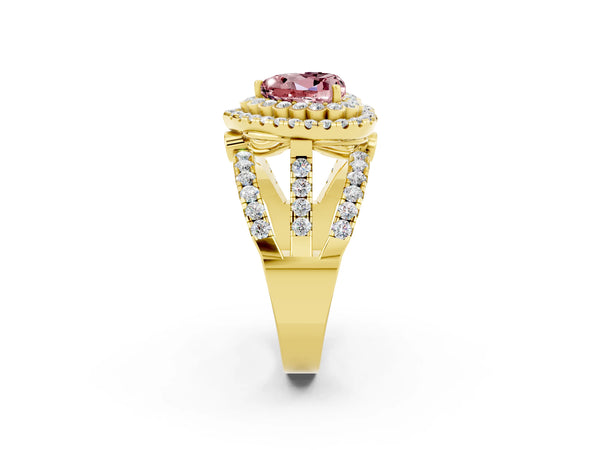 Yellow gold Double Halo Heart Cut Diamond Split Shank Pave Set Ring