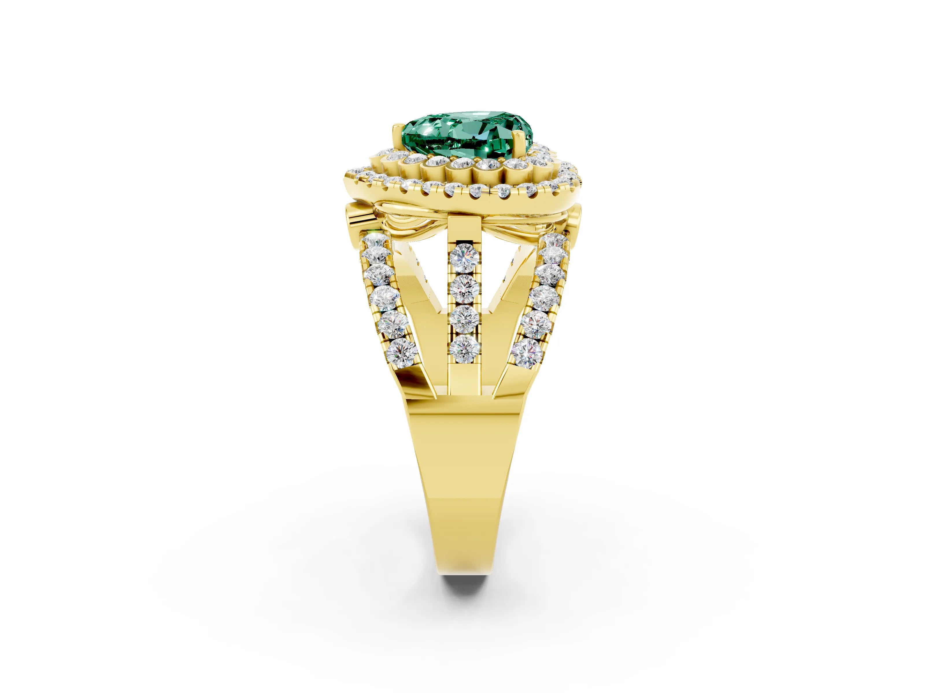 Yellow gold Double Halo Heart Cut Diamond Split Shank Pave Set Ring_2