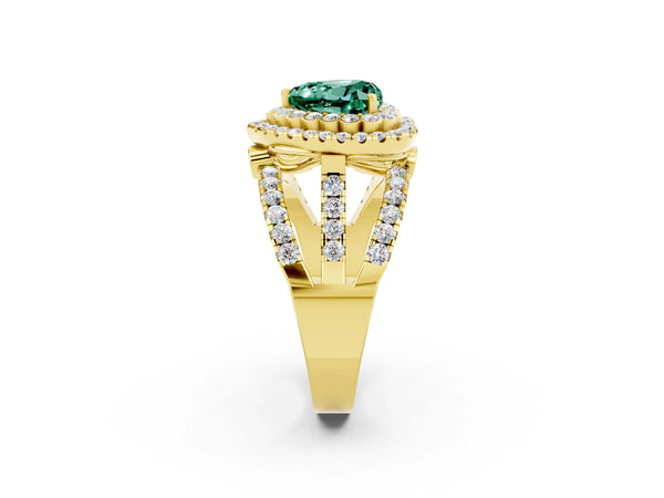 Yellow gold Heart Cut Green Sapphire Double Halo Ring with Round Pavé Split Shank and Prong Setting