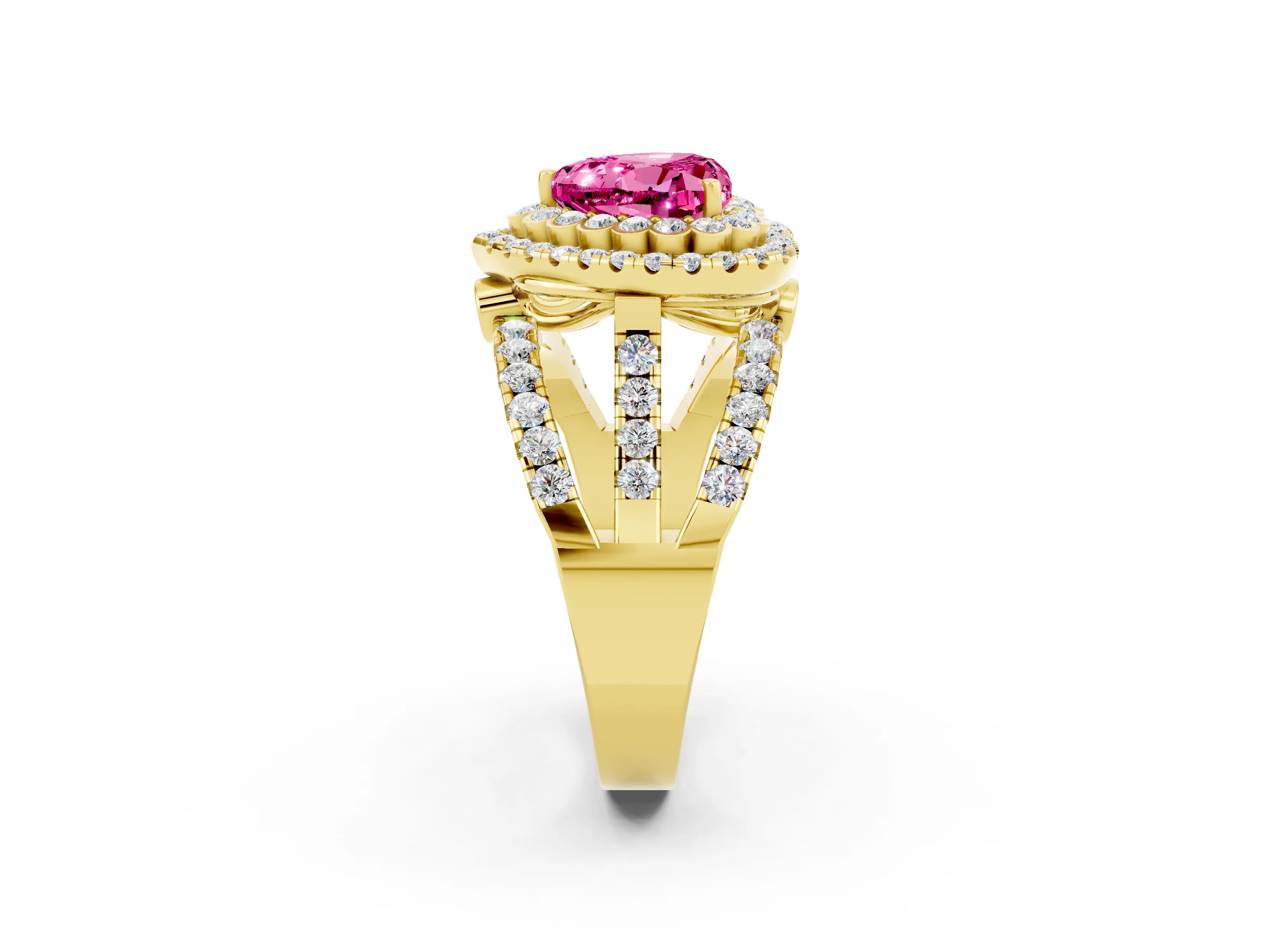 Yellow gold Double Halo Heart Cut Diamond Split Shank Pave Set Ring_2
