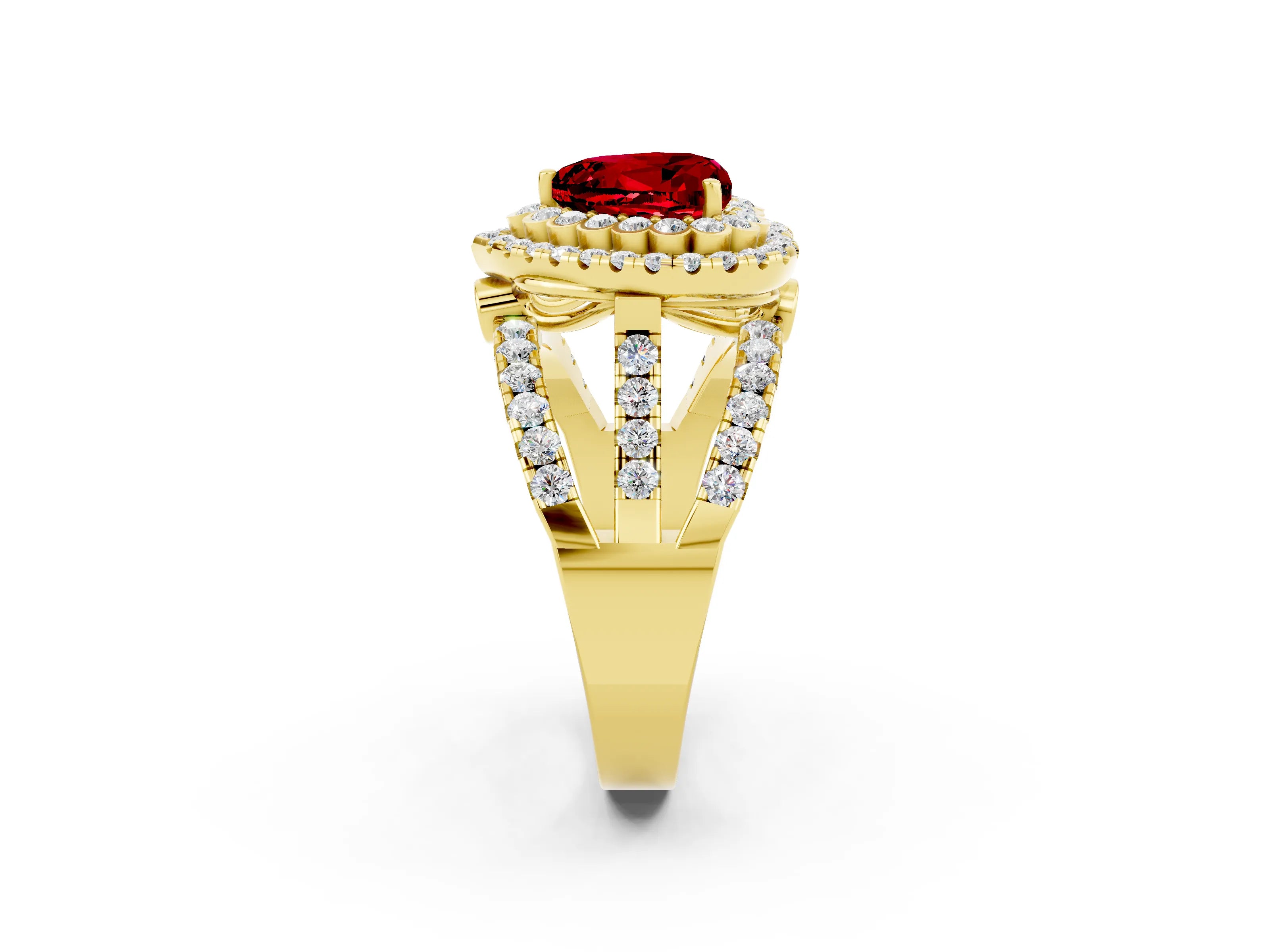 Yellow gold Double Halo Heart Cut Diamond Split Shank Pave Set Ring_2